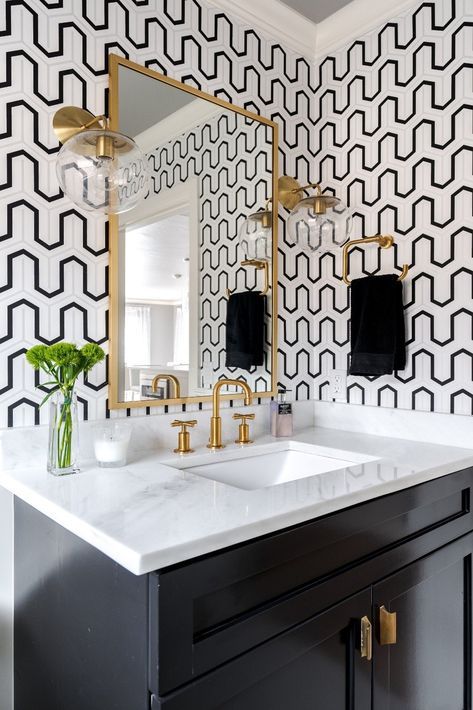 Portfolio — Design Directions Bathroom Models, Bathroom Wallpaper Ideas, Black And Gold Bathroom, Black And White Bathroom, Bathroom Model, Powder Room Decor, Decoration Bathroom, Gold Bathroom, Bathroom Inspiration Decor