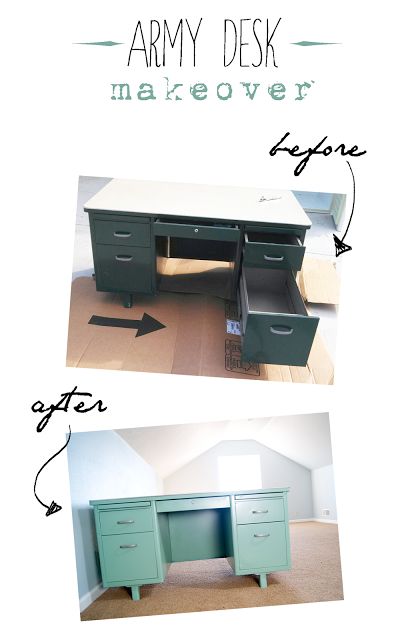 Vintage Metal Army Desk {before & after} | Averie Lane: Vintage Metal Army Desk {before & after} Painted Metal Desks, Metal Desk Makeover, Metal Office Desk, Desk Makeover Diy, Desk Redo, Tanker Desk, Desk Metal, Desk Vintage, Vintage Metal Desk