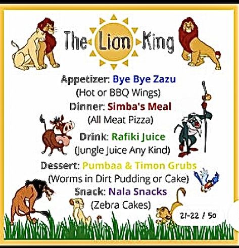 Shrek Movie Night Dinner, Lady And The Tramp Movie Night Food, Ratatouille Movie Night Food, Lion King Dinner And A Movie, Disney Movie Dinner Ideas, Disney Theme Dinner Movie Nights, Lion King Movie Night, Movie Meals, Disney Nights