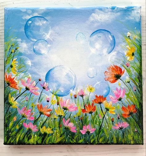 Canvas Spring Painting Ideas, Relaxing Art Painting, Spring Time Painting Ideas, Flower Garden Canvas Painting, Spring Garden Drawing, Spring Pictures Drawing, Late Summer Painting Ideas, Drawing Spring Ideas, Diy Spring Painting Canvas