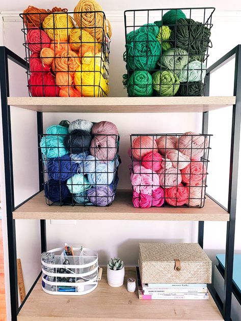 Yarn Storage Ikea Hack, Shelf For Yarn, Yarn Shelf Storage, Craft Room Organization Yarn, Cute Yarn Storage, Scrap Yarn Storage, Crochet Yarn Organization, Organizing Yarn Ideas, Storage For Crochet Supplies