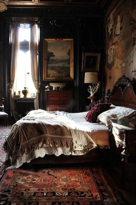 Vampire Gothic Room, Film Noir Bedroom, 1930 Bedroom Ideas, Victorian Desk Aesthetic, Moody Gothic Bedroom, 40s Room Aesthetic, Gothic Dressing Room, Dark Rooms Aesthetics, Vintage Gothic Bedroom