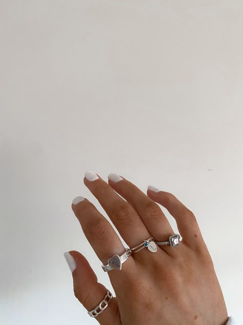 Silver Rings Aesthetic Women, Dainty Silver Jewelry Rings, Silver Ring Astethic, Designer Silver Rings, Lots Of Silver Rings, Silver Rings Hand, Dope Jewelry Silver, Get Back Jewelry, Designer Jewelry Silver