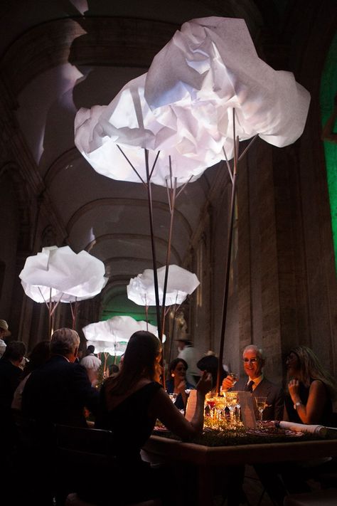 coudamy architectures creates a paper cloudscape in rome for Hermès dinner Palazzo Farnese, Urban Spaces Design, Edgy Bridal, Paper Clouds, Fabric Installation, Cloud Theme, Paper Installation, Beautiful Tablescapes, Dinner Event