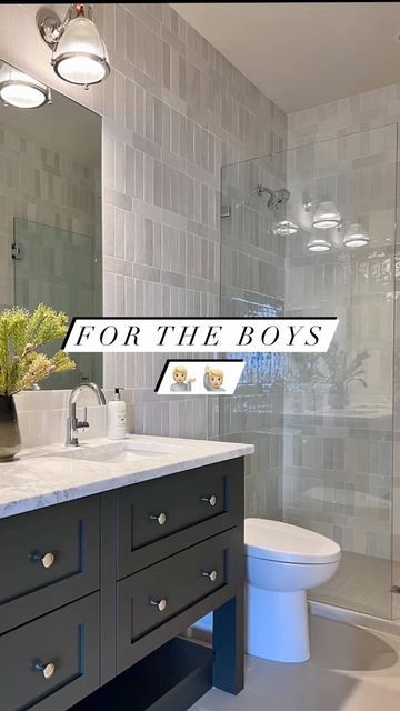 Melissa Manzardo Hryszko on Instagram: "For the boys! Easy to keep clean, efficient use of space, and a spot for everything. Anything to help momma keep this bathroom looking mighty fine with two adorable little boys. #bathroomdesign #bathroomdecor #bathroom #bathroomvanity #ensuite #ensuitebathroom #customvanity #tiledesign #hometour #kidsspace #kidsbathroom #briarhillcustom" Small Boys Bathroom Ideas, Boys Bathroom Tile Ideas, Teen Bathroom Ideas For Boys, Teenage Boys Bathroom Ideas, Teenage Bathrooms Boy, Sophisticated Kids Bathroom, Kids Bathroom Ideas For Boys, Teen Boys Bathroom Ideas, Kid Bathroom