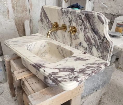 Bathroom Sink Backsplash, Marble Sink Bathroom, Sink Backsplash, Backsplash Marble, Calacatta Viola Marble, Viola Marble, Calacatta Viola, Marble Sink, Marble Sinks