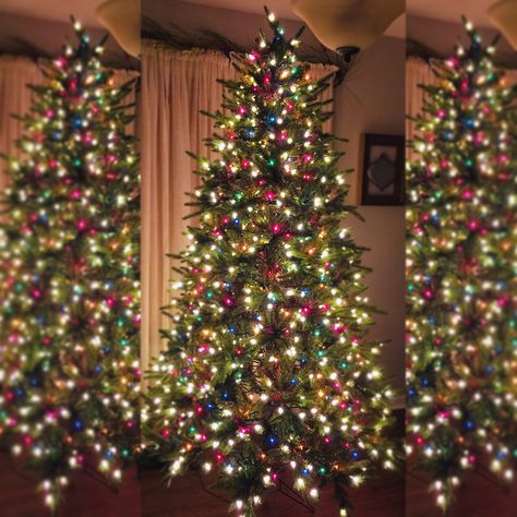 Went with a mix of traditional multi color lights, and larger warm white LED lights to create the perfect look for our family tree this year. I think it looks pretty magical...and the girls do, too! Christmas Tree White And Colored Lights, Color Tree Lights, Ornaments For Multi Colored Lights, Tree With Colored Lights Christmas, How To Decorate A Christmas Tree With Colored Lights, Colored Christmas Tree Lights Ideas, Christmas Tree With White And Colored Lights, Colored Lights Christmas Tree Ideas, Colorful Light Christmas Tree