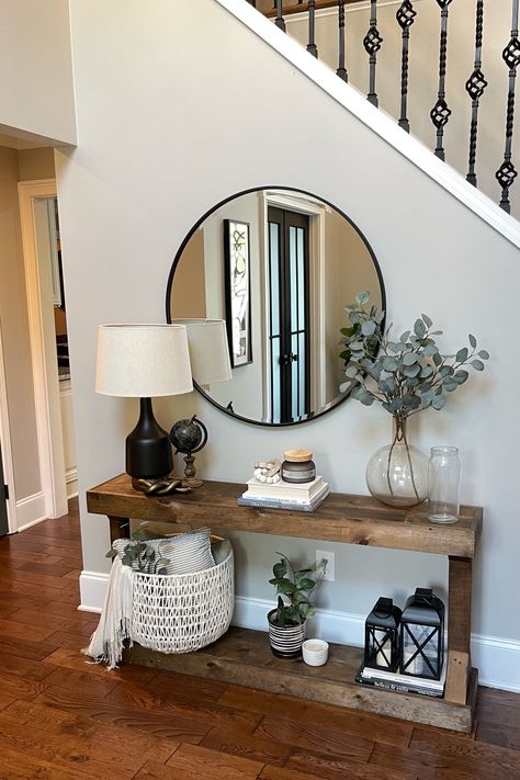 Entryway Console Table Decor -  Thinking of switching this entry up a bit! Before and after coming up. What would you change? #decor #foyer #targetfinds #ltkhome #ltkxwayfair Front Entry Shelf Decor, Home Small Entrance Decor, Interior Design Front Entry, Entryway Ideas Next To Stairs, Console Table Organization, Tiny Entry Way Table, Flowers For Entryway, Entryway Tables Decor, Entry Table By Stairs