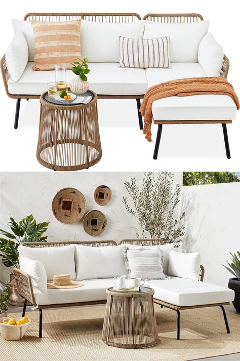 Best Choice Products Outdoor Rope Woven Sectional Patio Furniture L-Shaped Conversation Sofa Set for Backyard, Porch w/Thick Cushions, Detachable Lounger, Side Table - White Ramp Ideas, Relaxing Spaces, Unique Outdoor Spaces, White Sectional, Sectional Patio Furniture, Conversation Sofa, Terrace Decor, L Shaped Couch, Backyard Porch