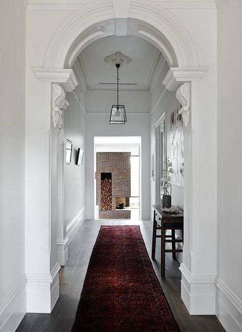 A grand, white foyer with hanging light fixture, red rug, and crown molding Malvern House, Architecture Renovation, Entrance Way, Homes Exterior, Victorian Interior, Modern Extension, Bright Apartment, Modern Victorian, Victorian Architecture