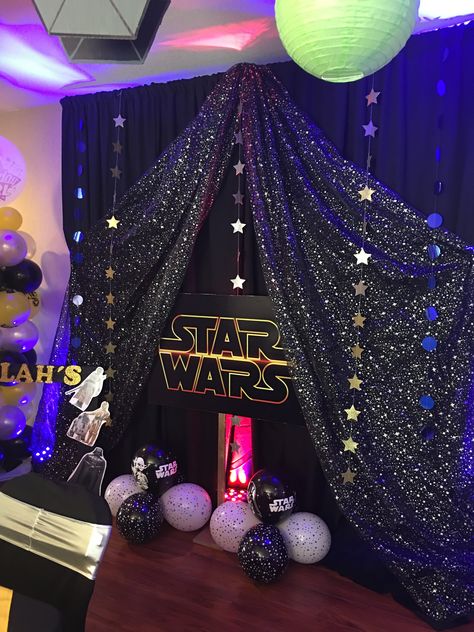 STAR WARS BIRTHDAY PARTY Star Wars Party Backdrop Ideas, Star Wars Quinceanera Theme, Star Wars Birthday Decor, Star Wars Themed Party, Star Wars Movie Night, Star Wars Birthday Party Decorations, Star Wars Adult Party, Star Wars Party Ideas, Birthday Star Wars