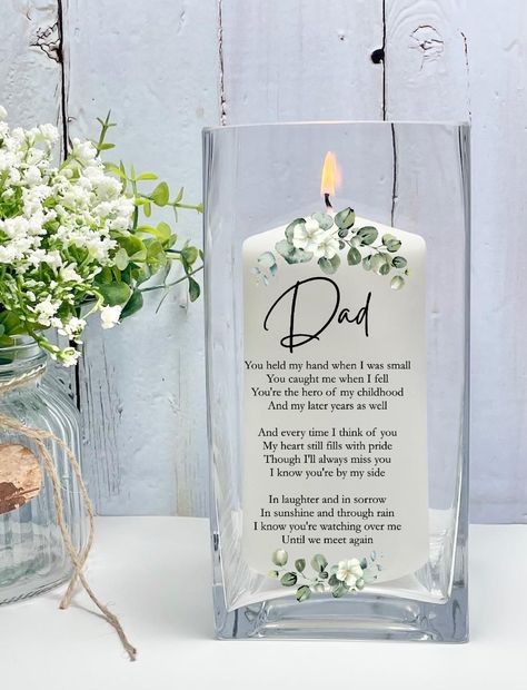 Our memorial glass holders are versatile and can be used as a candle holder or as a vase to display fresh flowers to brighten up your home or event while remembering your loved ones. It is perfect for weddings, celebrations of life, funerals, and holidays, and perfect for displaying every day in your home. | ABOUT OUR GLASS HOLDERS | ⦁We use the highest-quality glass holders to pair with our pillar candles. ⦁You will receive a square 4x8 glass candle holder with a 3x6 inch candle, if desired,  a Loss Of Parent, Candle Memorial, Mom Loss, Remembrance Candle, Memorial Table, Memorial Vase, Loss Of Dad, Loss Of Mother, Mother Family