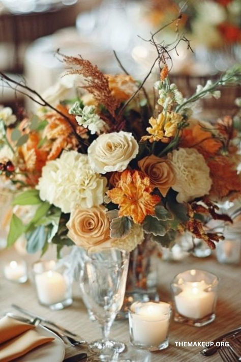 Stunning Fall Wedding Centerpieces: Tips, Colors, and Ideas Fall Wedding Centerpieces Rustic Table Decorations White Pumpkins, Fall Wedding Centerpieces Long Table, Autumn Centerpieces Wedding, Fall Wedding Table Arrangements, Mums Centerpiece Wedding, Fall Centerpieces Wedding, November Wedding Centerpieces, Fall Flower Centerpieces, Gala Centerpieces