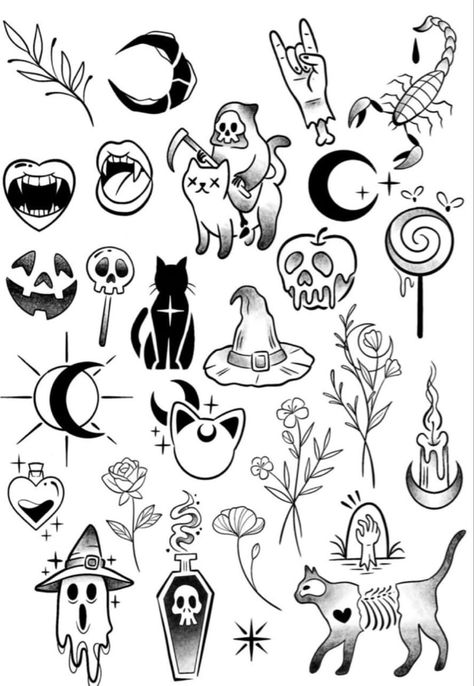 Small Halloween Tattoos For Women, Cute Small Halloween Tattoos For Women, 3inch Tattoo Ideas, 200 Tattoo Ideas, Tattoos Steampunk, Astrological Tattoos, Sinister Tattoos, 200 Tattoo, Traditional Cat Tattoo