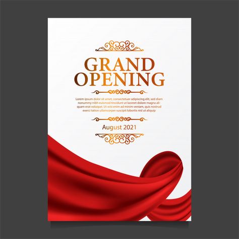 Grand opening card template with illustration of red curtain silk Premium Vector Office Opening Invitation, Shop Opening Invitation Card, Invitation Card Background, Opening Card, Unique Brochure Design, Flyer Illustration, Opening Invitation, Grand Opening Invitations, Flyers Design