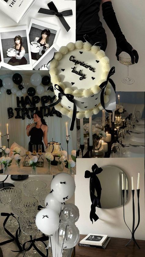 Black And Pearl Birthday Party, Black And White Bow Birthday Theme, Black Bows Birthday Theme, Black Coquette Party Theme, 18th Birthday Black Theme, Black Bday Theme, Black Bow Party Theme, Black Coquette Party, Black And White Bday Theme