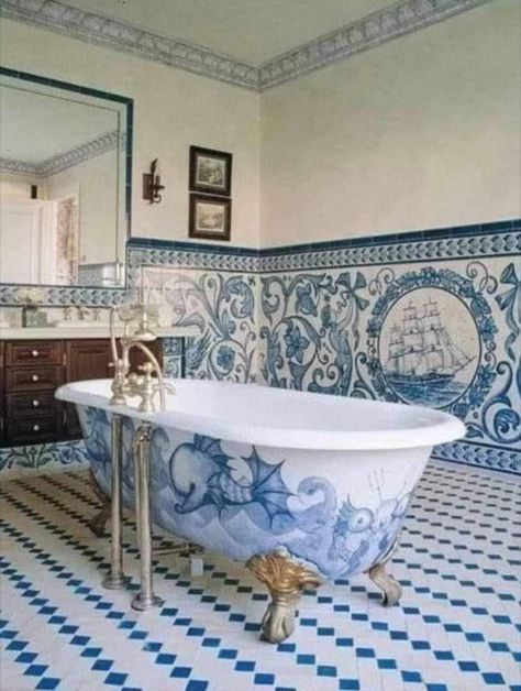 Blue And White Tiles, Blue White Decor, Dream Bathrooms, Blue Bathroom, White Tiles, White Decor, Beautiful Bathrooms, Delft, Bathroom Inspiration