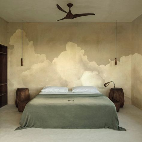 Abstract White Clouds Wallpaper Wall Mural, Hand Painted Creative Beautiful Blue/Green/Grey Clouds W Art On A Wallpaper Wall, Creative Wall Paneling, Wallpaper Wall Mural, Painted Wall Ideas Bedroom, Bedroom Mural Art, Modern Mural Wallpaper, One Wall Wallpaper Bedroom Ideas, In Home Murals, Textured Wall Mural