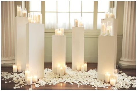 Wedding Candles www.weddingsbysusandunne.com Wedding Alter Pillar, Wedding Backdrop With Candles, Candle Wedding Ceremony Altars, Candle Altar Wedding, Bride Stage, Pedestal Decor, Rose Petal Candle, Pillar Candles Wedding, Wedding Pillars