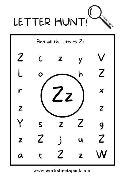 Find the Letter Z Worksheet, Alphabet Z Hunt Activity Free Printable for Kids - Printable and Online Worksheets Pack Letter Zz Worksheet, Letter Z Worksheets Kindergarten, Letter Z Activities For Kindergarten, Letter Hunt Printable Free, Letter Z Worksheets For Preschool, Z Worksheets Preschool, Z Activities For Preschool, Letter Z Crafts For Preschoolers, Letter Z Activities For Preschool