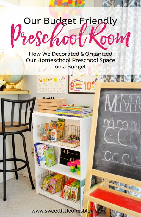 Our Budget Friendly Preschool Room: How We Decorated and Organized Our Homeschool Preschool Space on a Budget {Easy Design Tips for Creating a Fun and Inexpensive Preschool Room at Home} www.sweetlittleonesblog.com Homeschool Corner Space, Preschool Corner At Home, Kids Learning Corner At Home, Learning Corner At Home Toddler, Homeschooling Corner, Toddler Homeschool Room, Homeschool Station, Homeschool Corner, Learning Room