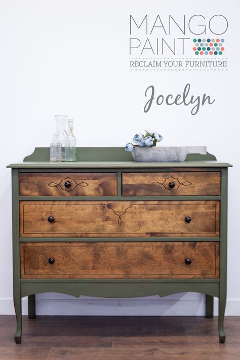 Natural Wood And Green Dresser, Green Dresser With Wood Drawers, Earthy Dresser, Green Upcycled Furniture, Green Wood Dresser, Olive Green Painted Furniture, Green Wood Furniture, Painted Dresser Ideas Boho, Earthy Furniture