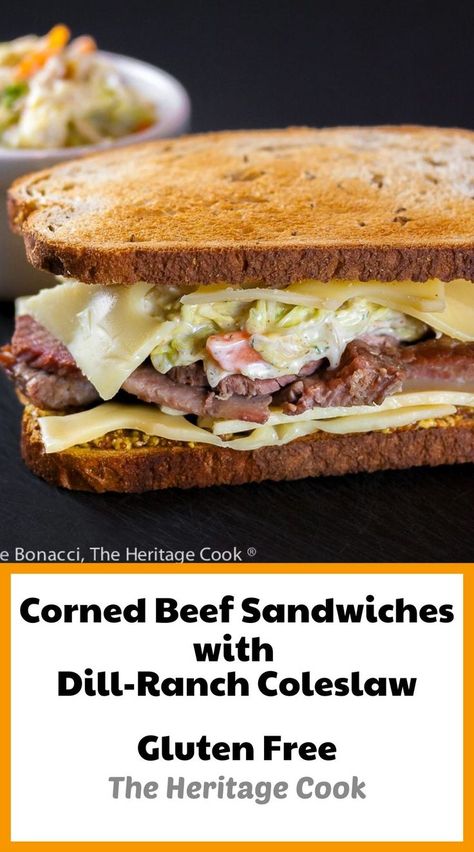 Corned Beef Sandwiches with Dill-Ranch Coleslaw © 2022 Jane Bonacci, The Heritage Cook Corned Beef Sandwich Recipe, Corned Beef Sandwiches, Ranch Coleslaw, Dill Ranch, Corned Beef Sandwich, Cooking Corned Beef, Sandwhich Recipes, Beef Sandwiches, Fried Pickles