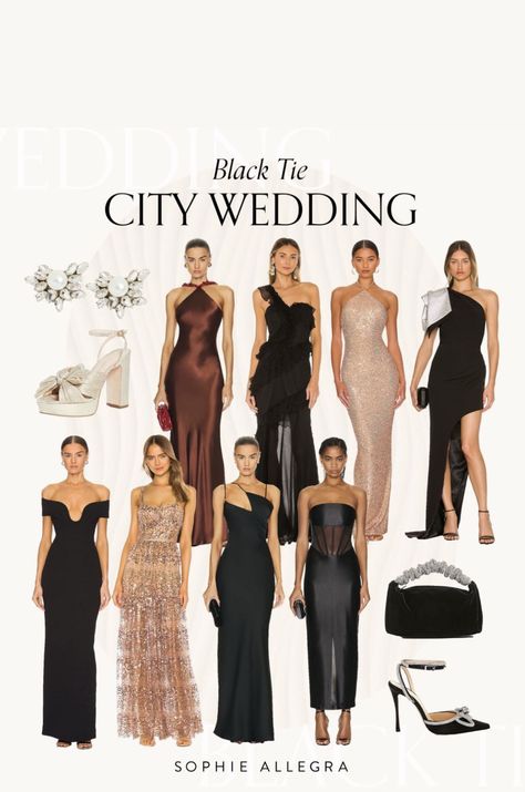 Formal Wedding Guest Attire Black Women, Black And Neutral Bridesmaid Dresses, Black Tie Attire Wedding, Black Tie Wedding Mood Board, New Year’s Eve Bridesmaid Dresses, Black Tie Dresscode, Black Tie Neutral Wedding, Old Hollywood Wedding Guest Attire, Neutral Wedding Dress Code