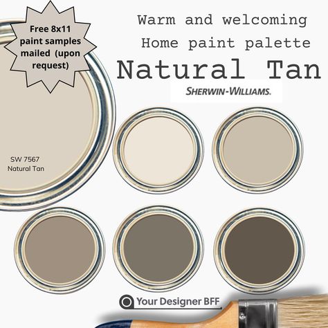 Elevate your home with this cozy, curated Color Palette to Complement Sherwin Williams Natural Tan! Designed to bring warmth and timeless beauty to any space, this palette features a harmonious selection of colors that work beautifully with Sherwin Williams' Natural Tan (SW 7567). Whether you're refreshing your living room, updating your exterior, or designing a cohesive home aesthetic, these warm, neutral shades will give your home a welcoming, classic look. Ideal for both traditional and moder Quiver Tan Sherwin Williams, Beige Interior Color Palette, Natural Tan Paint Sherwin Williams, Khaki Shade Sherwin Williams, Universal Khaki Sherwin Williams, Cozy Home Paint Colors, Touch Of Sand Sherwin Williams, Sherwin Williams Tan Paint Colors, Light Tan Paint Colors