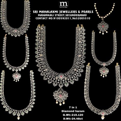 brightest on your special day! Let us be a part of the unforgettable occasion. 7 in 1 Diamond haram Call/WhatsApp us on 9100592011, 9652005510 For Video Call Shopping. FREE SHIPPING IN INDIA & USA. Website:-www.srimahalaxmijewellers.in #MahalaxmiJewellers #bottumalaharam #choke #designer #tradional #tradionalwear #southindian #southindianwear #bridalwear #partywear #briderjewellery #jewellery #necklace #handmade #gold #accessories #jewellerydesign #jewelrydesigner #handmadejewelry #jewelrya Haram Diamond Necklace, Diamond Haram Design, Detachable Jewellery, Diamond Haaram, Haaram Designs, Diamond Haram, Jewellery Necklace, Gold Jewellery Design Necklaces, Video Call