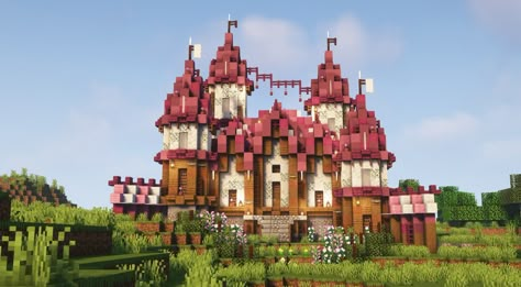 Pink, Castle, cottagecore, Minecraft, cute, aesthetic Aesthetic Minecraft Builds Castle, Minecraft Fairy Castle Ideas, Aesthetic Castle Minecraft, Minecraft Pink Castle Ideas, Aesthetic Minecraft Mansion, Pink Aesthetic Minecraft Builds, Cottagecore Castle Minecraft, Cute Castle Minecraft, Pink Cottagecore Minecraft