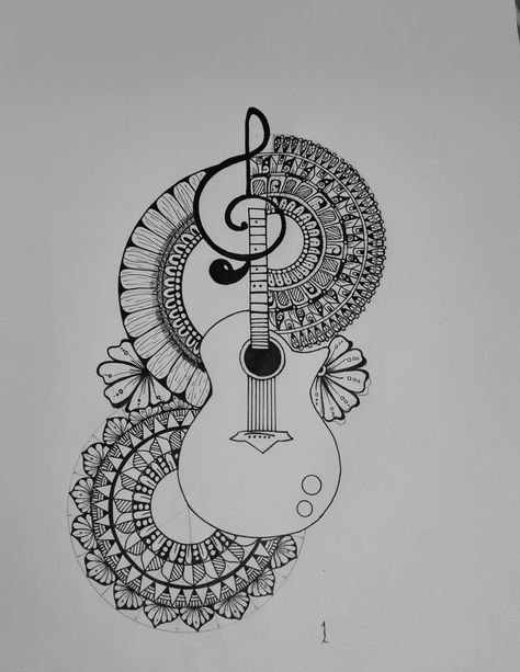 Mandala pattern Mandala Book Tattoo, Mandala Art Music, Guitar Mandala Drawing, Music Drawings Ideas Creative, Drawing Ideas Guitar, Music Mandala Art, Guitar Mandala Art, Mandala Art Ideas Creative, Ganesh Sketch