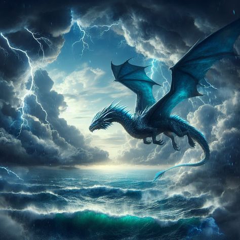 A Blue Dragon soars through a lightning storm. The download image is 1024x1024. Blue Scales Aesthetic Dragon, Blue Dragon Aesthetic, White And Blue Dragon, Blue Dragon Art, Dragon In Flight, Cool Dragon Pictures, Ocean Dragon, Teal Dragon, Storm Dragon