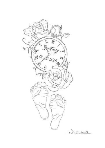 Footprints time of birth clock name flowers tattoo.  Floral. Mama. Tattoo Outline Drawing Stencil Ideas, Mutterschaft Tattoos, Tattoo Outline Drawing Stencil, Shen Long Tattoo, Baby Tattoo Designs, Baby Name Tattoos, Cute Hand Tattoos, Mom Tattoo Designs, Mommy Tattoos