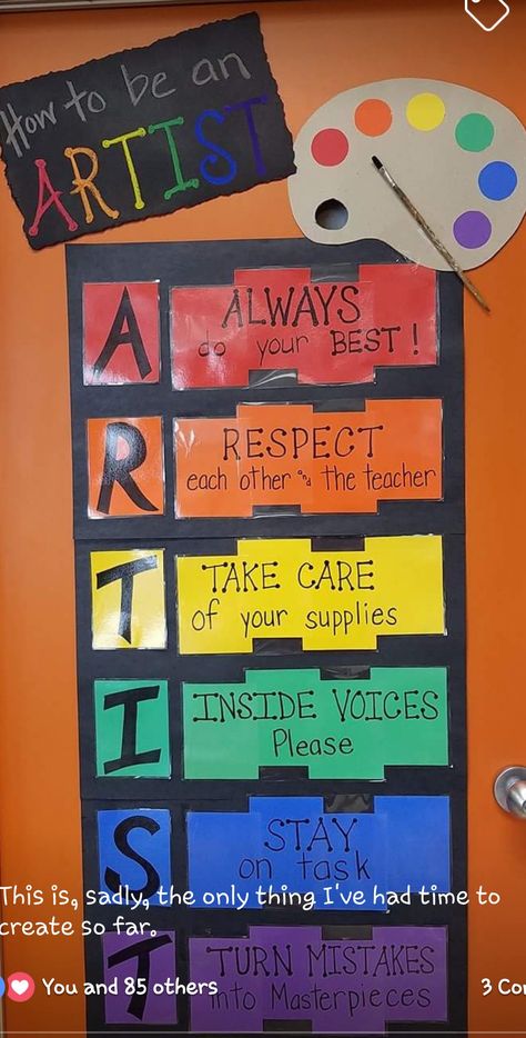 Artist Rules Poster, Posters For Art Classroom, Art Classroom Table Signs, Art Room Theme Ideas, Middle School Art Teacher Outfits, Preschool Art Classroom, Elementary Art Classroom Decorations Bulletin Boards, Art Class Themes, School Art Room Ideas