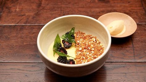 Sweet Corn Panna Cotta with Cornflake Ice Panna Cotta Plating, Australia Recipes, Popcorn Salt, Masterchef Recipes, Plating Ideas, Masterchef Australia, Master Chef, Sweet Corn, High Tea