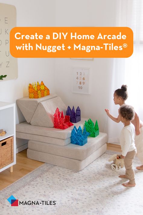 Transform your playroom into a home arcade with your Nugget play couch and Magna-Tiles®! Read more to find out how to set up this DIY game and different ways your kids can play. Diy Nugget Couch, Magma Tiles, Nugget Builds, Nugget Ideas, Nugget Couch, Home Arcade, Large Pom Poms, Play Sofa, Magna Tiles