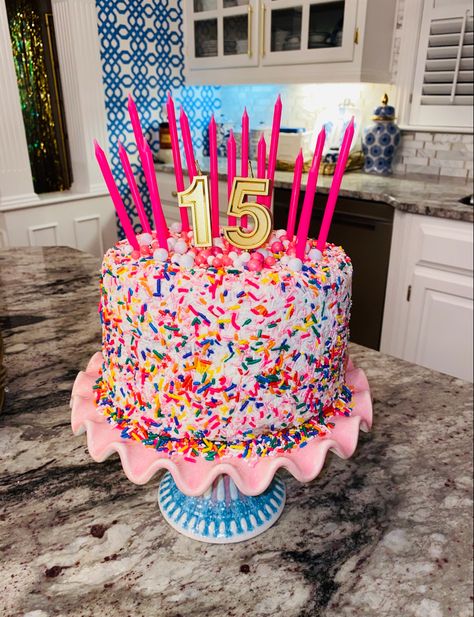 Multicolor, sprinkled, birthday, strawberry cake 15th Girl Birthday Party Ideas, Girly Bday Cakes, Girl 15th Birthday Ideas, Girls 15th Birthday Party Ideas, Birthday Cakes For 15th Birthday, Birthday Cake 15th Girl, 15th Birthday Party Ideas Girl, 15 Th Birthday Ideas, 15th Birthday Cake Ideas