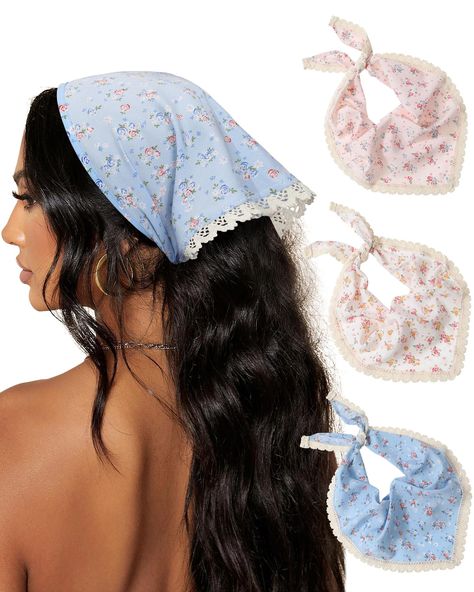 PRICES MAY VARY. 【Vintage Floral Bandanas Makes You Charming】With a retro design and classic floral pattern, these boho head kerchiefs for women make you look fresh and lovely with a variety of outfits, versatile and charming. 【The Lace-up Triangle Head Scarf Fits Most People】The head bandana is a lace-up design that measures approximately 35.43 x 13.39 x 23.62 inches / 90 x 34 x 60 cm, so you can tie bandanas for hair on as often as you like. It fits most head circumferences and meets most hair Headband Coquette, Cute Hair Clips Hairstyles, Cute Head Accessories, Boho Hair Scarf, Kerchief Headband, Hair Bandanas, Triangle Head Scarf, Head Kerchief, Scarf Fits