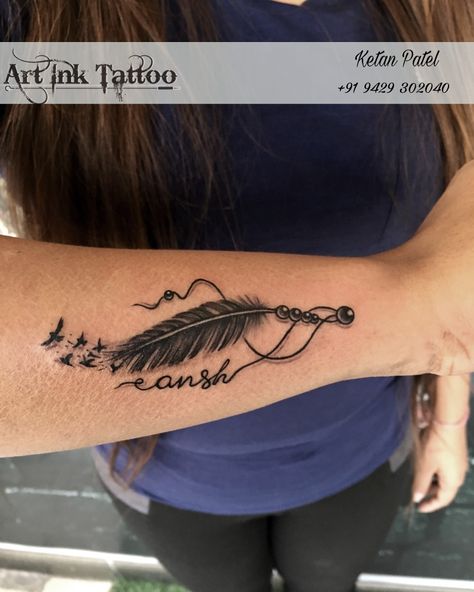 Feather Tattoos With Names, Feather Tattoo With Name, Feather Name Tattoo, Annie Tattoo, A Name Tattoo, Feather Tattoo For Men, Coverup Tattoo, Petite Tattoos, Tattoo Magazines