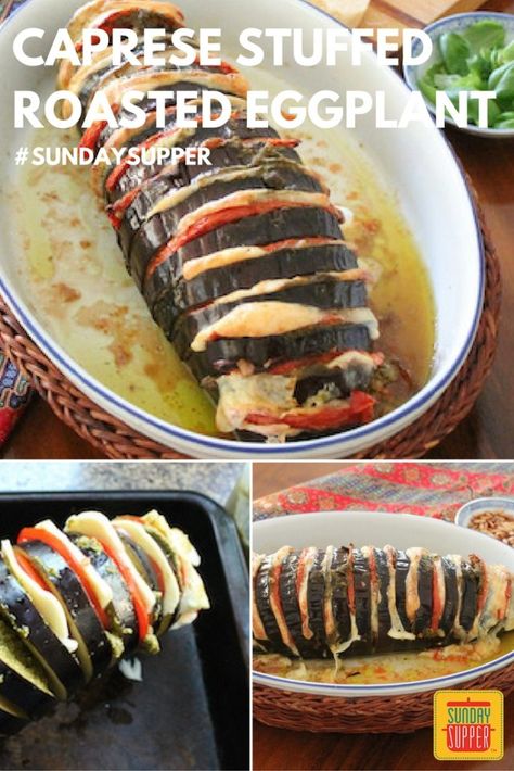 Caprese Stuffed Roasted Eggplant #SundaySupper Homemade Veggie Soup, Roasted Eggplant Recipes, Best Vegetable Recipes, Italian Cuisine Recipe, Vegetable Casserole Recipes, Eggplant Dishes, Roasted Vegetable Recipes, Meatless Main Dishes, Veggie Soup