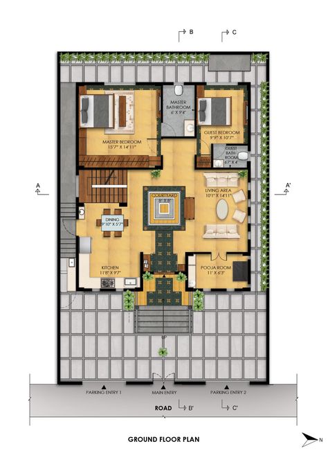 Ground Floor Plan of Courtyard House by Alkove-Design 2 Story Courtyard House Plans, Courtyard House Floor Plan, Traditional Courtyard House Indian, Courtyard Home Design, 2400 Sq Ft House Plans Indian, Courtyard House Plans Indian, U Shaped House Plans Courtyards, Courtyard Design Plan, Small Courtyard House Plans