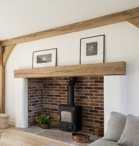 Fireplace No Mantel, Hearth Ideas, Paint Brick, Log Burner Fireplace, Hearth Tiles, Border Oak, Wood Burners, Oak Frame House, Wood Mantel