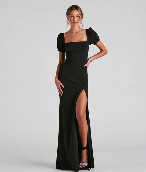 Formal Dresses With Sleeves Long, Formal Sleeve Dresses, Formal Dresses Long With Sleeves Maxi, Fall Wedding Guest Dress Edgy, Long Formal Dresses Long Sleeve, Formal Puff Sleeve Dress, Modest Homecoming Dresses Long Sleeve, Black Square Neck Dress Long, Silk Prom Dress With Sleeves