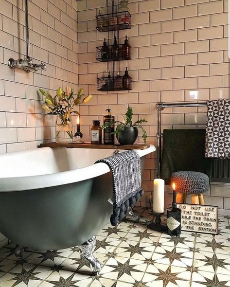 a boho bathroom done with pretty Moroccan tiles, potted plants and blooms, candles and a green clawfoot tub Bohemian Style Bathroom, Baie Vintage, Drømme Bad, Bohemian Bathroom, Bad Inspiration, Boho Bathroom, Bathroom Renos, Bath Tub, House Bathroom