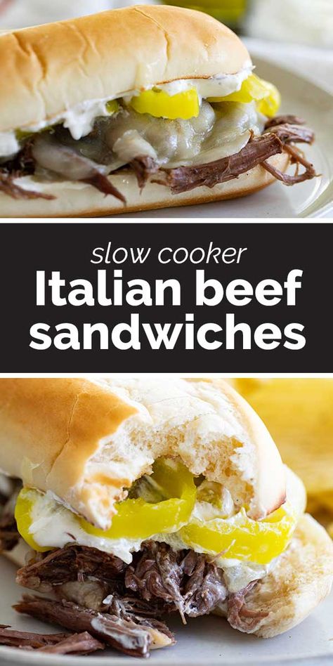 These Italian Beef Sandwiches are perfect for sandwich night! An easy, tender beef roast recipe is made in the slow cooker, then served on rolls with an easy Ranch Horseradish sauce. #recipe #sandwich #beef #slowcooker #crockpot Hearty Sandwiches Dinners, Slow Cooker Italian Beef Sandwiches, Italian Beef Recipe, Italian Beef Recipes, Pickled Hot Peppers, Beef Sandwich Recipes, Yummy Sandwiches, Slow Cooker Italian, Slow Cooker Italian Beef