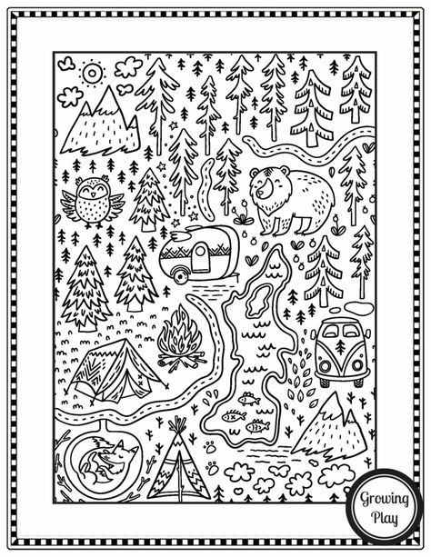 Free Camping Coloring Pages - Growing Play Colored Books, Camping Coloring Pages, Fun Coloring Pages, Arte Doodle, Mario Coloring Pages, Barbie Coloring Pages, Hand Drawn Map, Drawn Map, Princess Coloring Pages