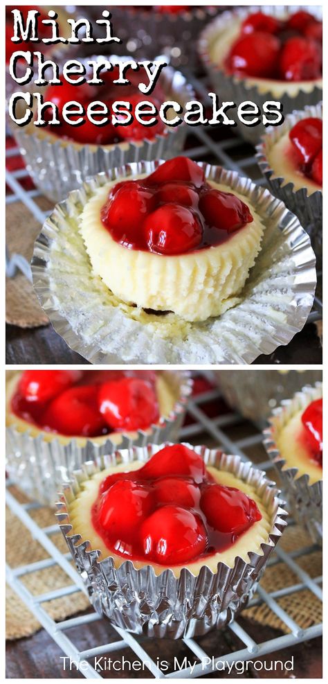 Mini Cherry Cheesecakes ~ Don't let the word "mini" fool you - these cheesecakes may be little, but they deliver great big cheesecake flavor! And they're super easy to make with just four basic steps. #minicheesecakes #cherrycheesecake www.thekitchenismyplayground.com Cherry Cheesecake Bites, Mini Cherry Cheesecakes, Mini Cheesecakes Easy, Dessert Halloween, Mini Cheesecake Recipes, Cheesecake Cupcakes, Easy Cheesecake Recipes, Cherry Cheesecake, Cheesecake Desserts