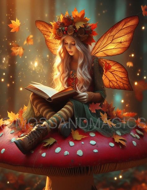 Fairy Reading A Book, Mushroom Whimsical, Fairy Digital Art, Child Reading A Book, Book Mushroom, Spring Fairies, Fairy Autumn, Fairy Whimsical, Autumn Things