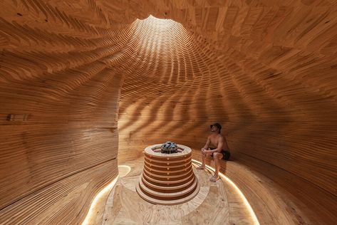 step inside kengo kuma's seashell-inspired 'SAZAE' sauna Japanese Sauna, Wood Sauna, Floating Architecture, Glamping Resorts, Sauna Design, Kengo Kuma, Tadao Ando, Wooden Texture, Structural Engineering